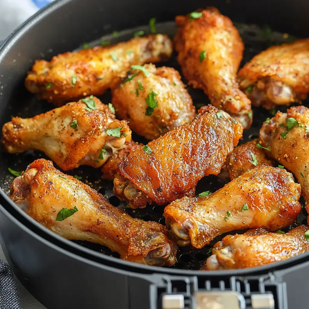 Air fryer frozen chicken wings centered hero view, clean and uncluttered