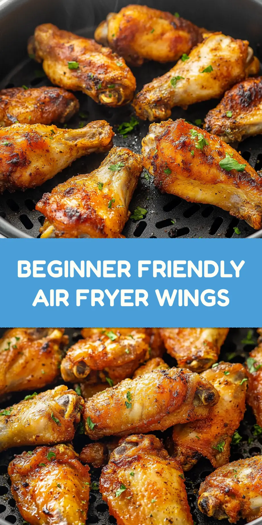 Air fryer frozen chicken wings centered hero view, clean and uncluttered pin