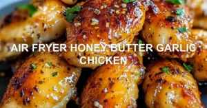 AIR FRYER HONEY BUTTER GARLIC CHICKEN centered hero view, clean and uncluttered