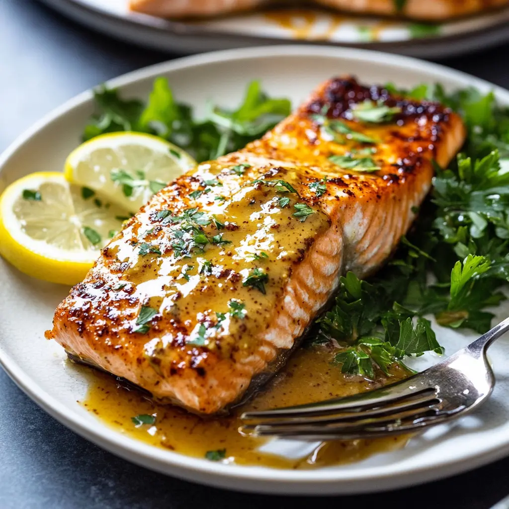 Air fryer honey mustard salmon with caramelized glaze on a clean white plate