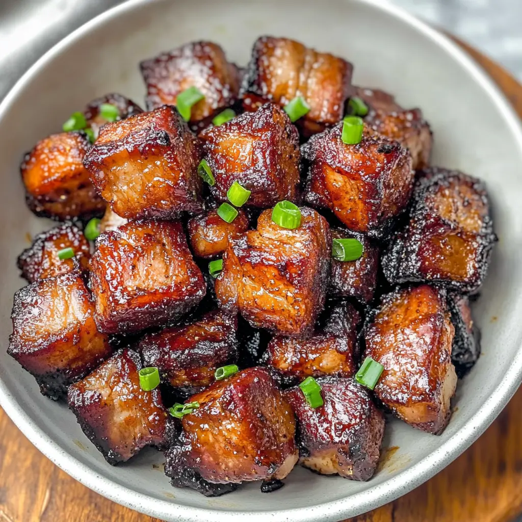 AIR FRYER PORK BELLY BITES centered hero view, clean and uncluttered