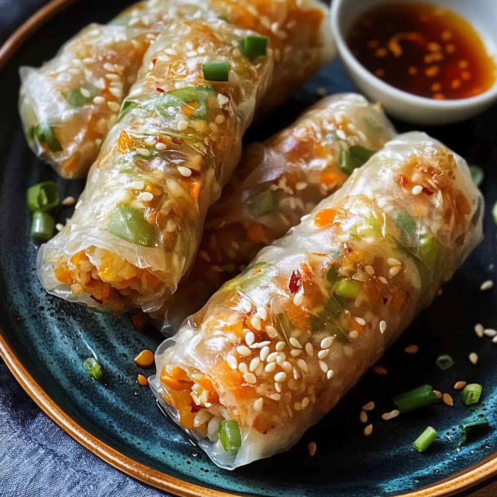 Air fryer rice paper noodle rolls on a plate with golden crispy edges