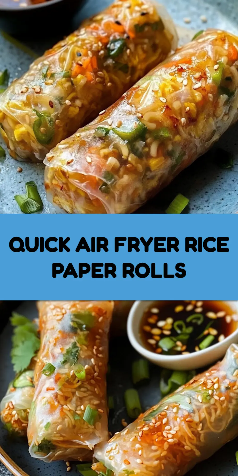Air fryer rice paper noodle rolls arranged on a serving platter with dipping sauce