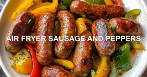 AIR FRYER SAUSAGE AND PEPPERS centered hero view, clean and uncluttered