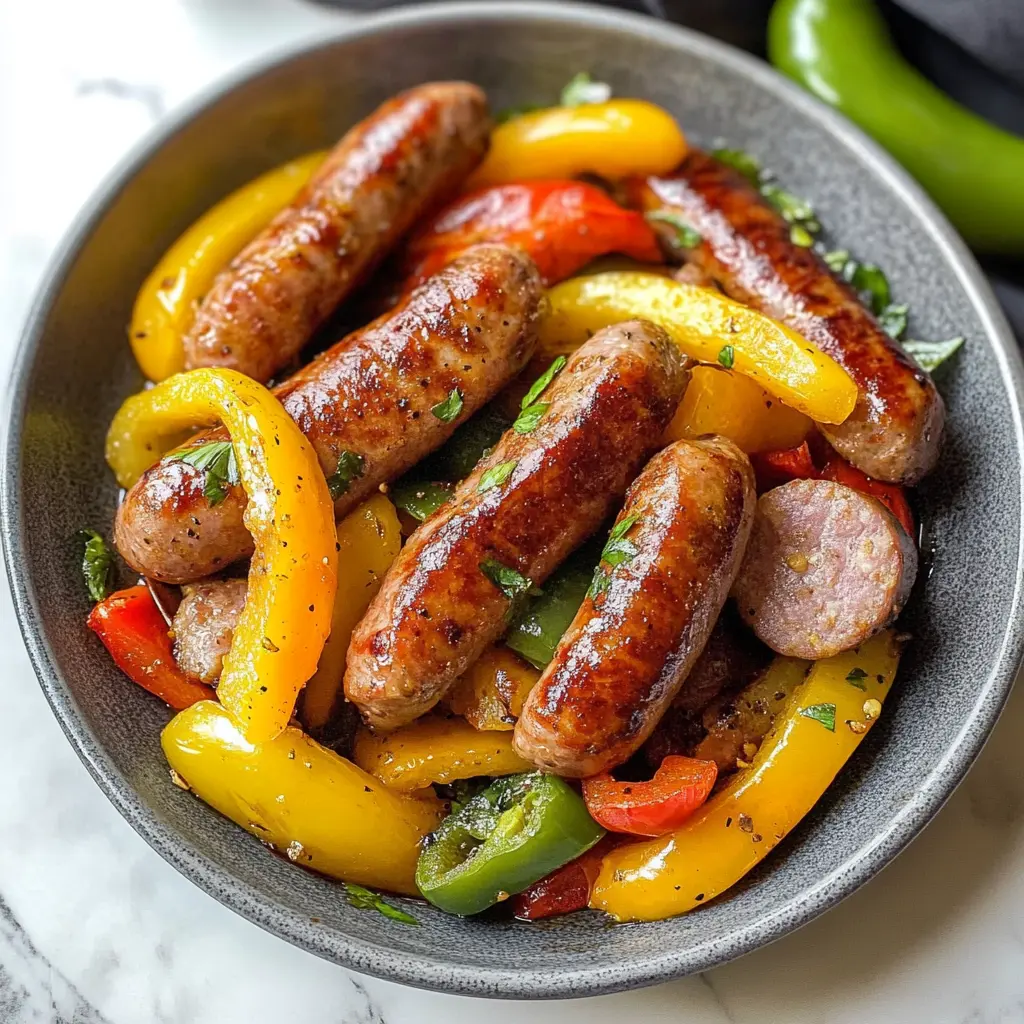 Air fryer sausage and peppers centered hero view, clean and uncluttered