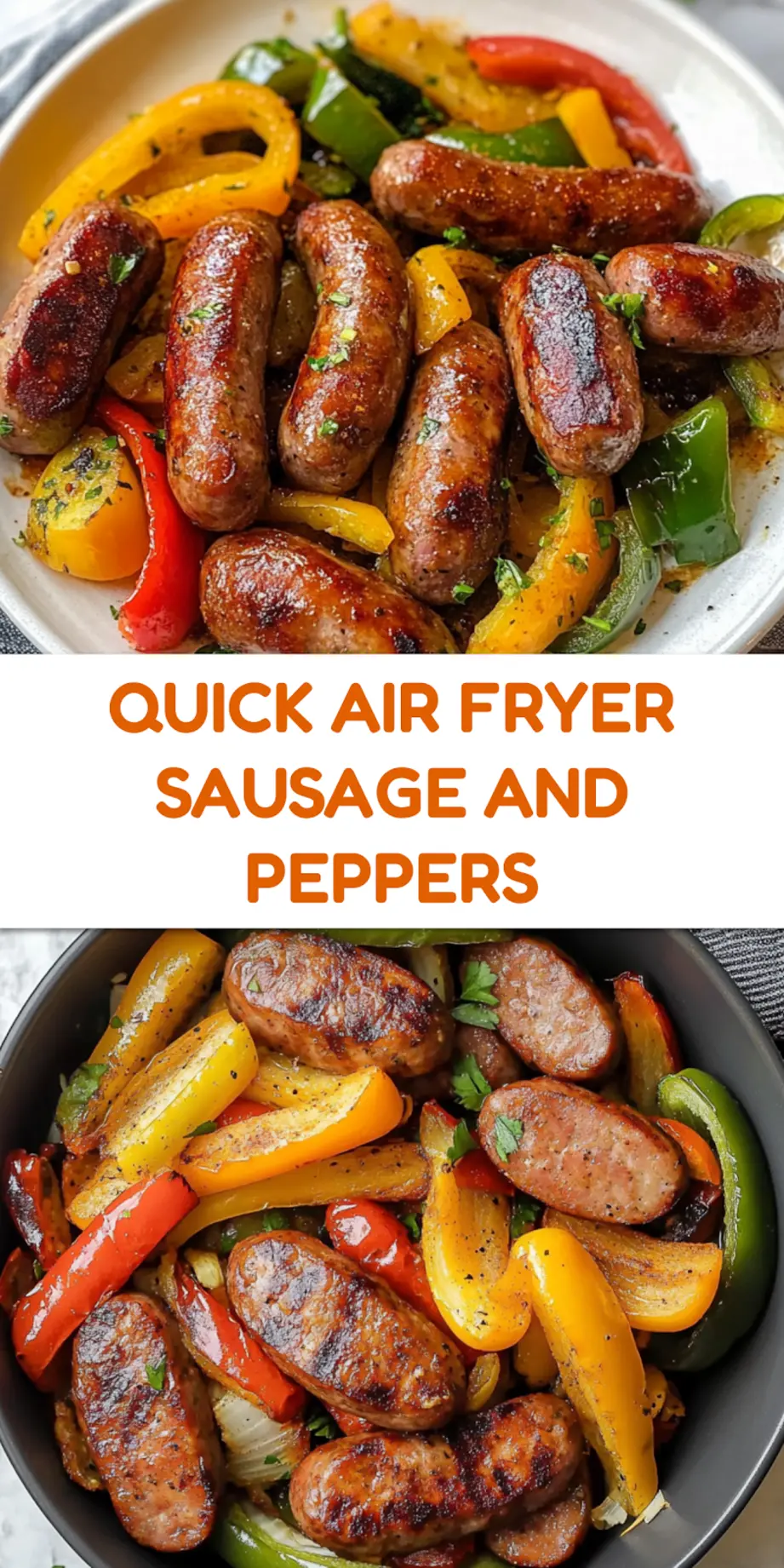 Air fryer sausage and peppers centered hero view, clean and uncluttered