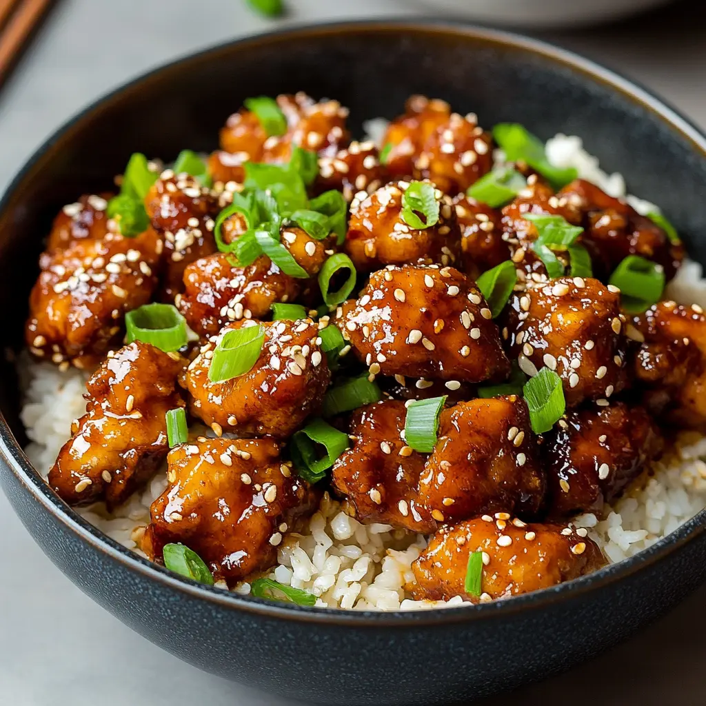 Air Fryer Sesame Chicken Recipe Easy and Delicious 3 Air fryer sesame chicken with glossy glaze, garnished with sesame seeds and spring onions