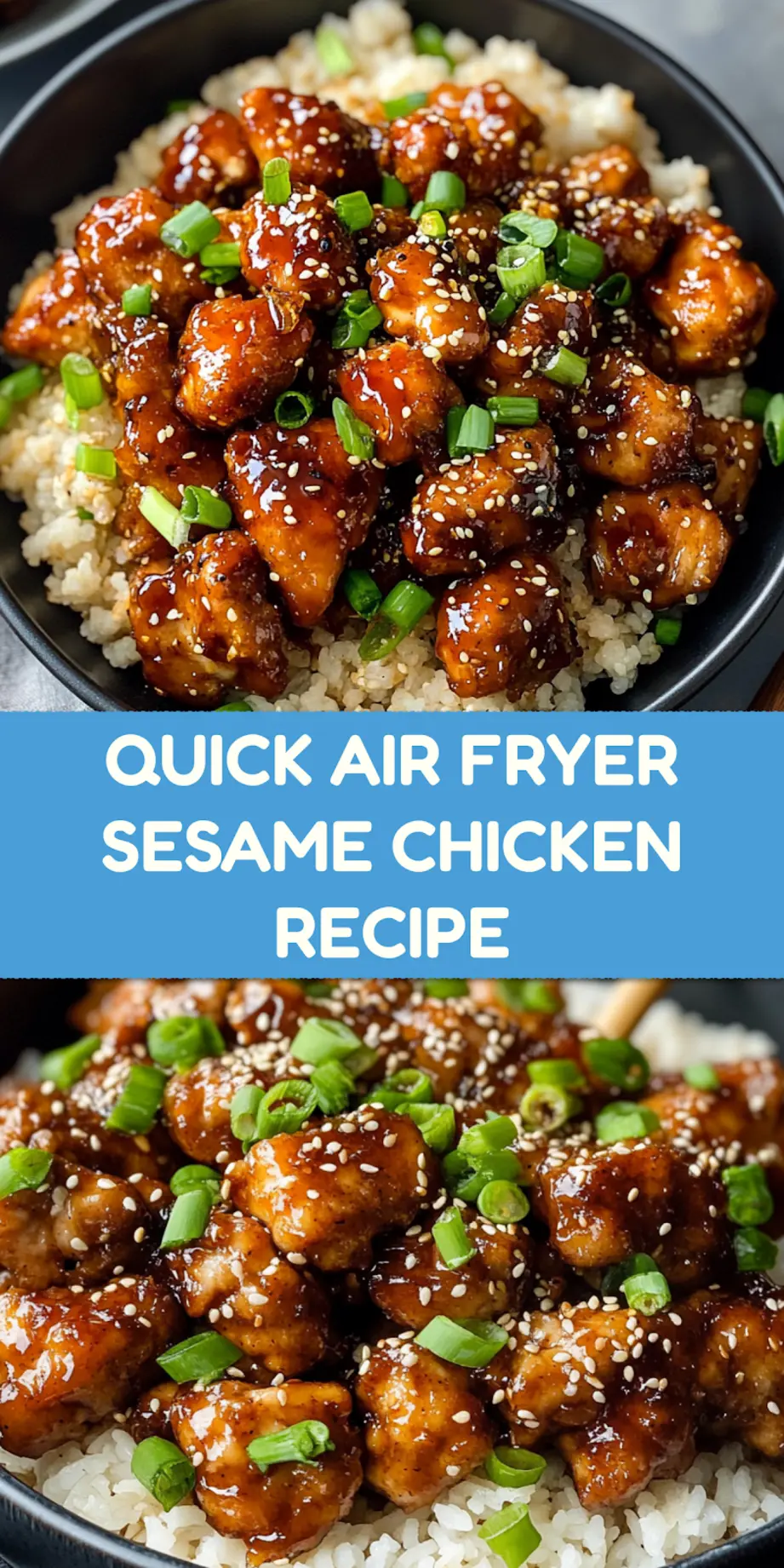 Air Fryer Sesame Chicken Recipe Easy and Delicious 4 Air fryer sesame chicken hero view with glossy sauce and sesame seed garnish for Pinterest