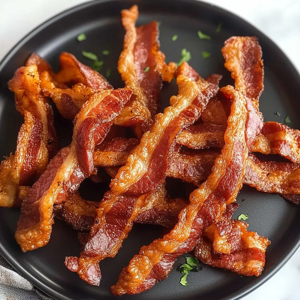 Air fryer twisted bacon with golden crispy spirals on a white plate