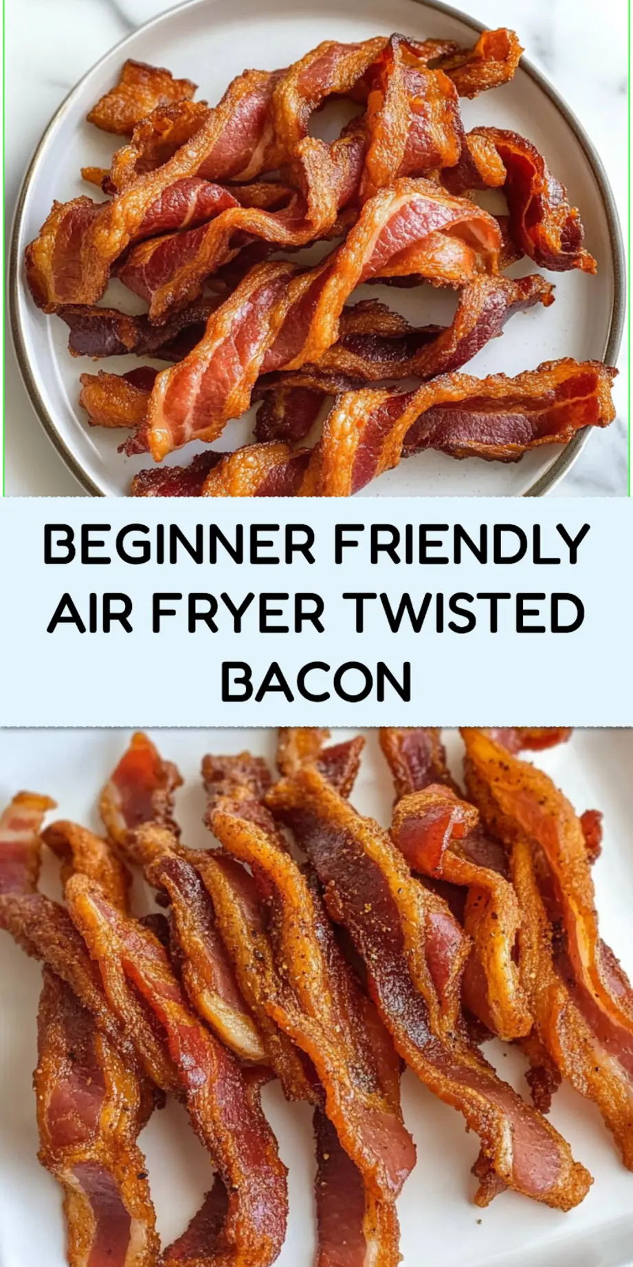 Air fryer twisted bacon with golden crispy spirals arranged on a serving platter