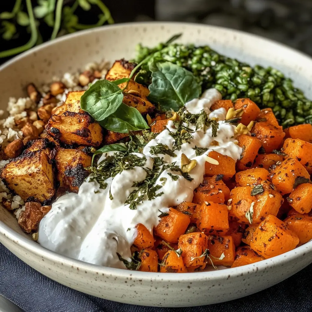 Anti-inflammatory glow bowl with roasted sweet potatoes, quinoa, and crispy chickpeas