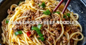 ASIAN GROUND BEEF NOODLES centered hero view, clean and uncluttered