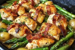 ASPARAGUS BACON CHICKEN POTATO centered hero view, clean and uncluttered