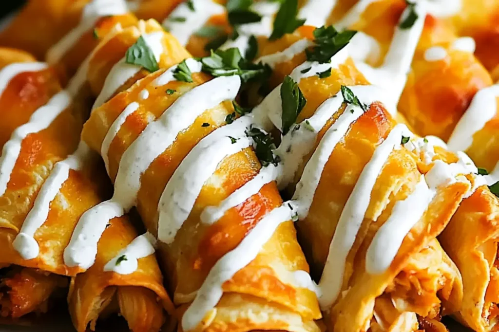 BAKED BUFFALO CHICKEN TAQUITOS centered hero view, clean and uncluttered