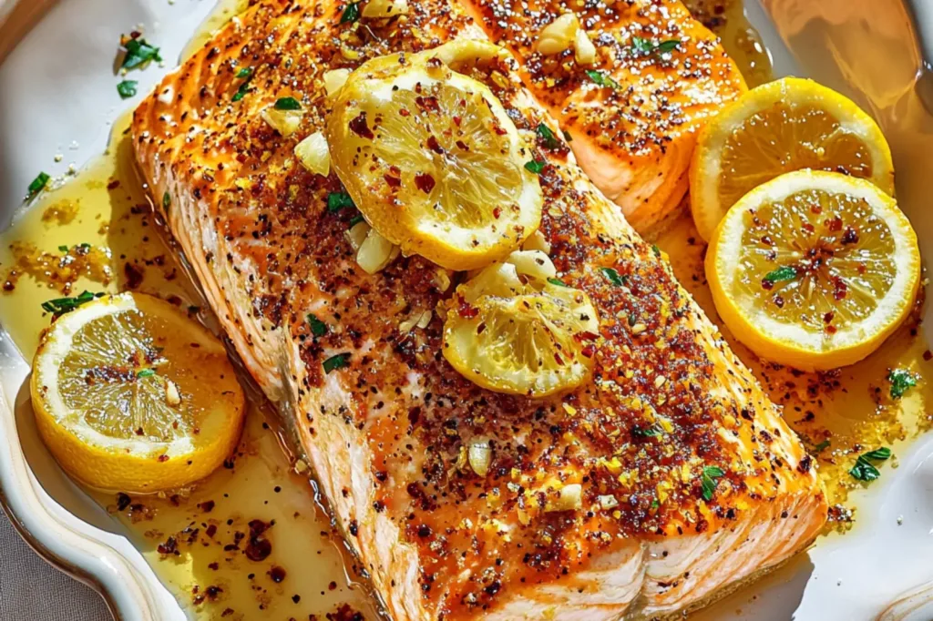 BAKED LEMON GARLIC SALMON centered hero view, clean and uncluttered
