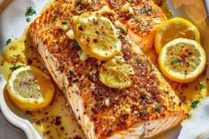 BAKED LEMON GARLIC SALMON centered hero view, clean and uncluttered