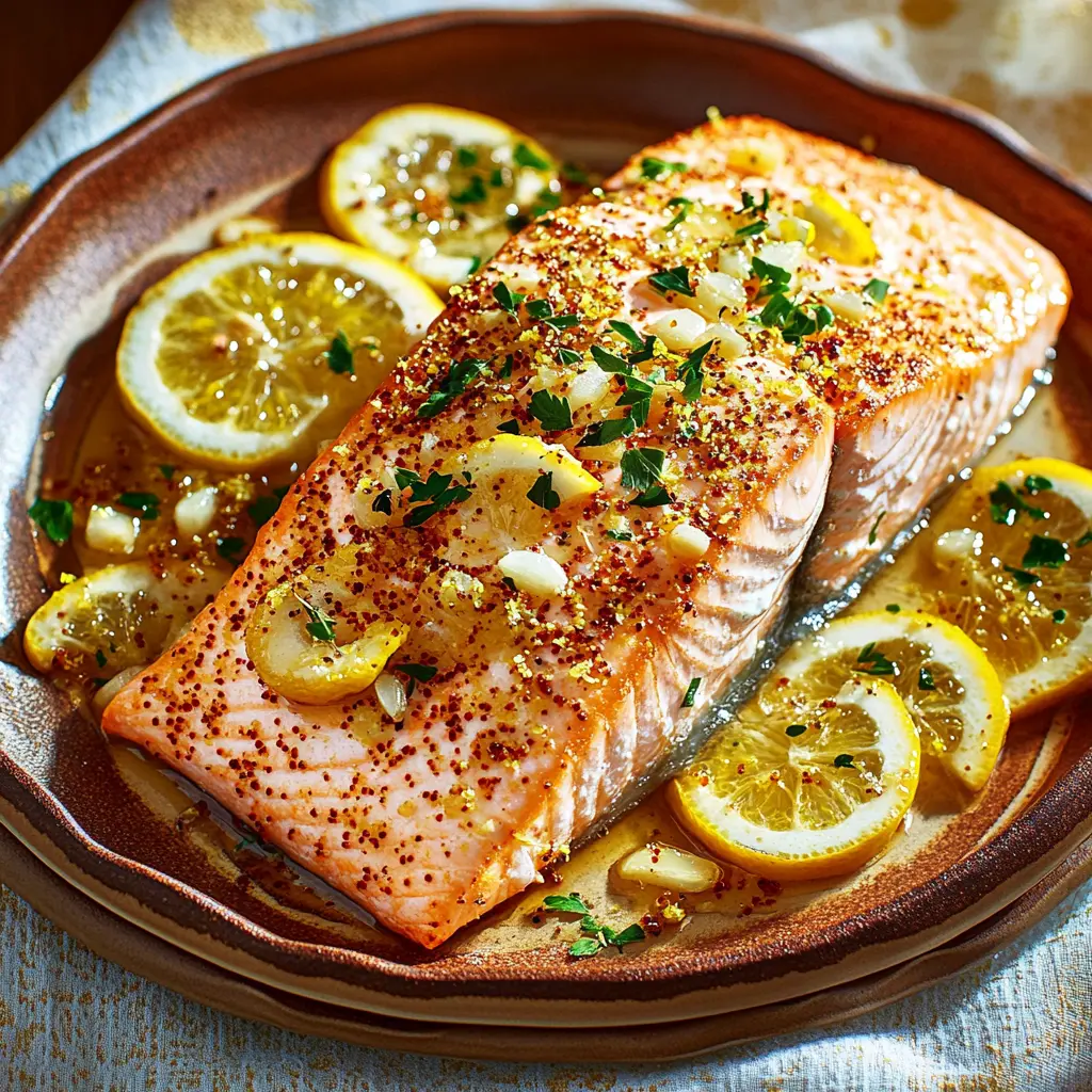 Baked lemon garlic salmon on a baking sheet, garnished with fresh parsley and lemon slices