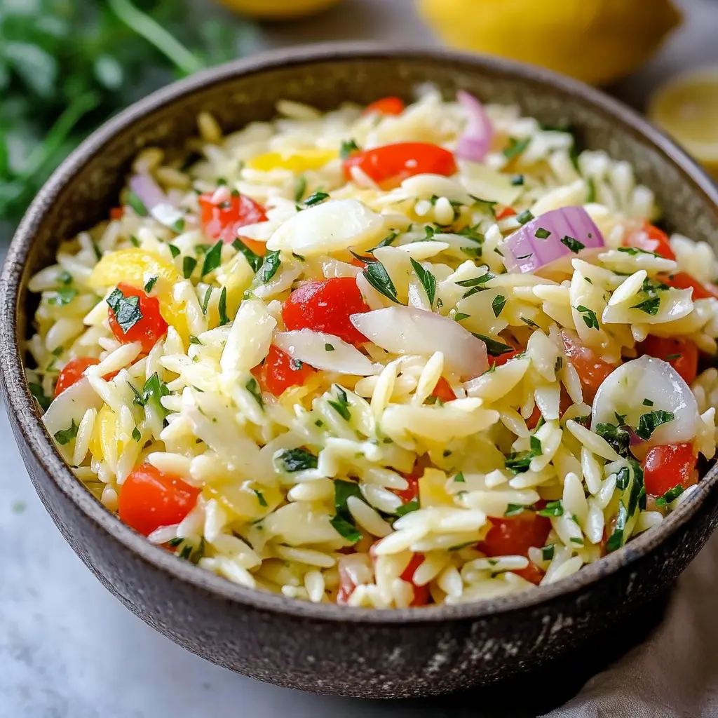 Best Lemon Orzo Pasta Salad centered hero view, clean and uncluttered