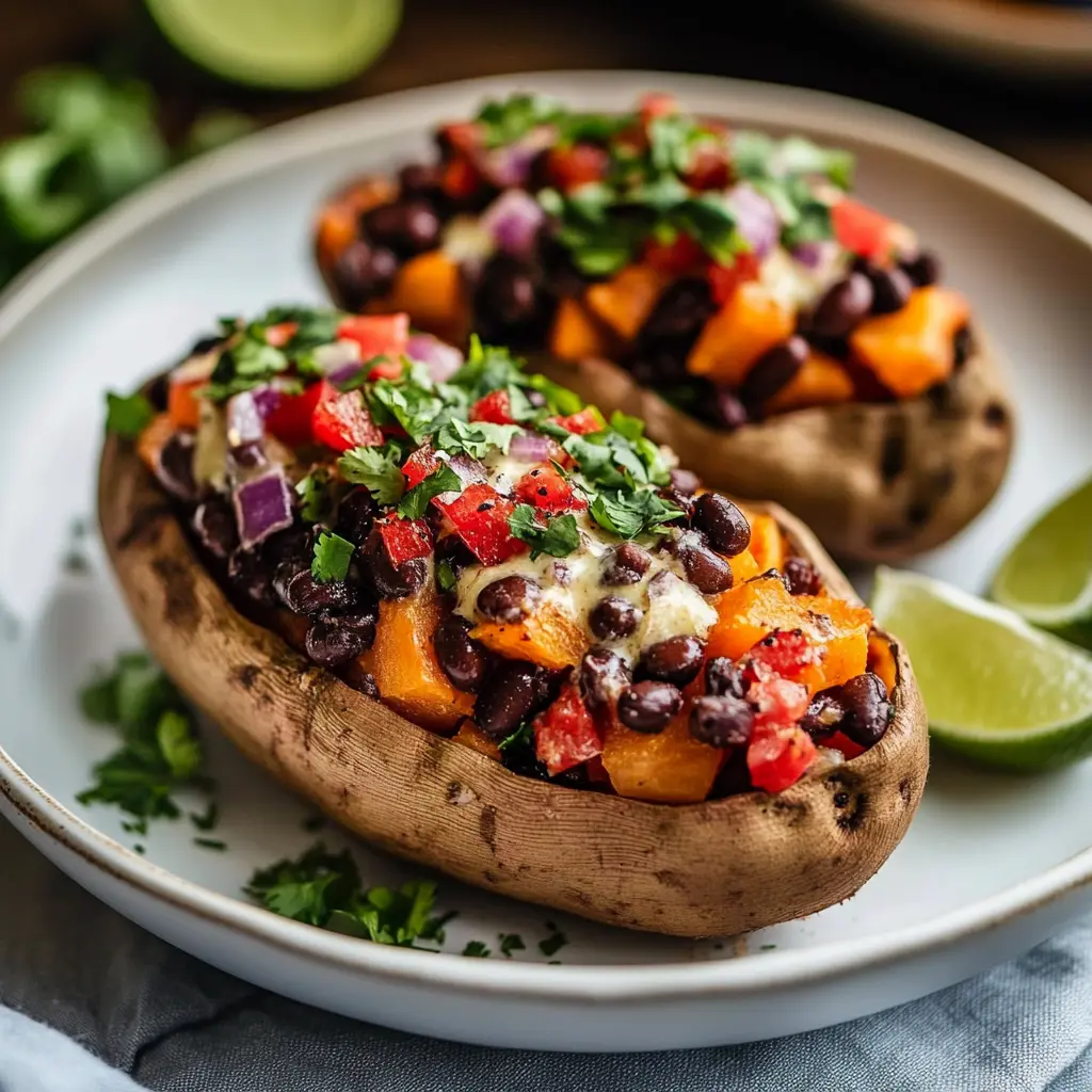 BLACK BEAN STUFFED SWEET POTATOES centered hero view, clean and uncluttered
