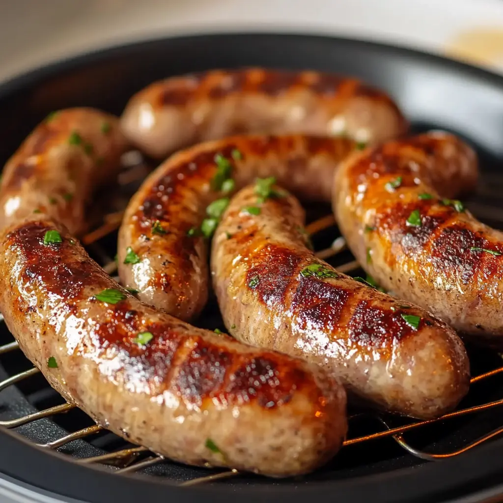Air fryer bratwurst with golden crispy casing on a white plate