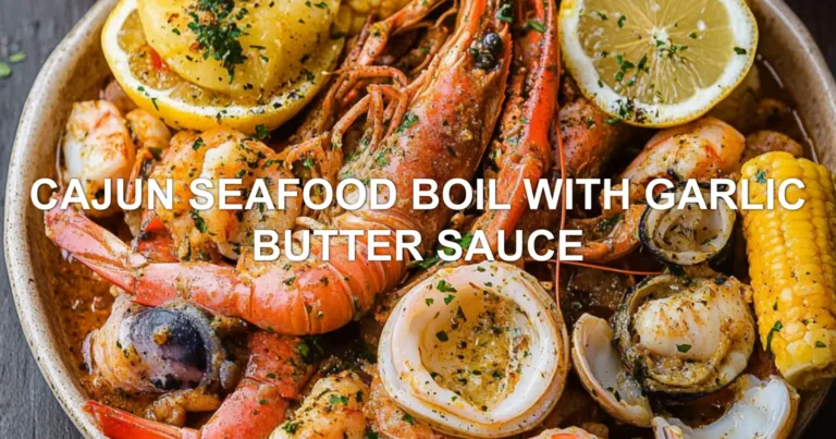 CAJUN SEAFOOD BOIL WITH GARLIC BUTTER SAUCE centered hero view, clean and uncluttered