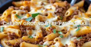 Cheesy Ground Beef Pasta Bake Recipe Easy and Delicious CHEESY GROUND BEEF PASTA BAKE centered hero view, clean and uncluttered