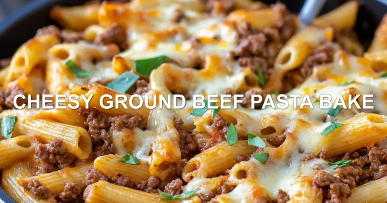 CHEESY GROUND BEEF PASTA BAKE centered hero view, clean and uncluttered