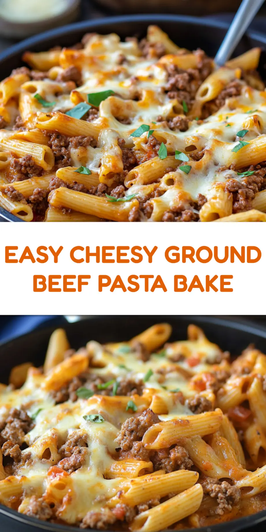 Cheesy ground beef pasta bake centered hero view, clean and uncluttered for Pinterest