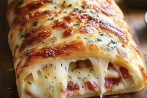 CHEESY ITALIAN STROMBOLI centered hero view, clean and uncluttered