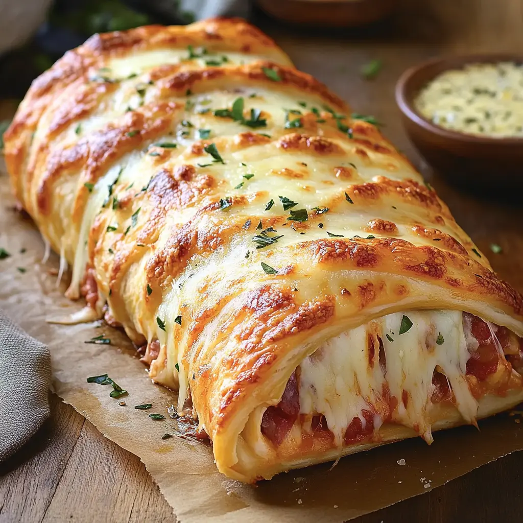 CHEESY ITALIAN STROMBOLI centered hero view, clean and uncluttered
