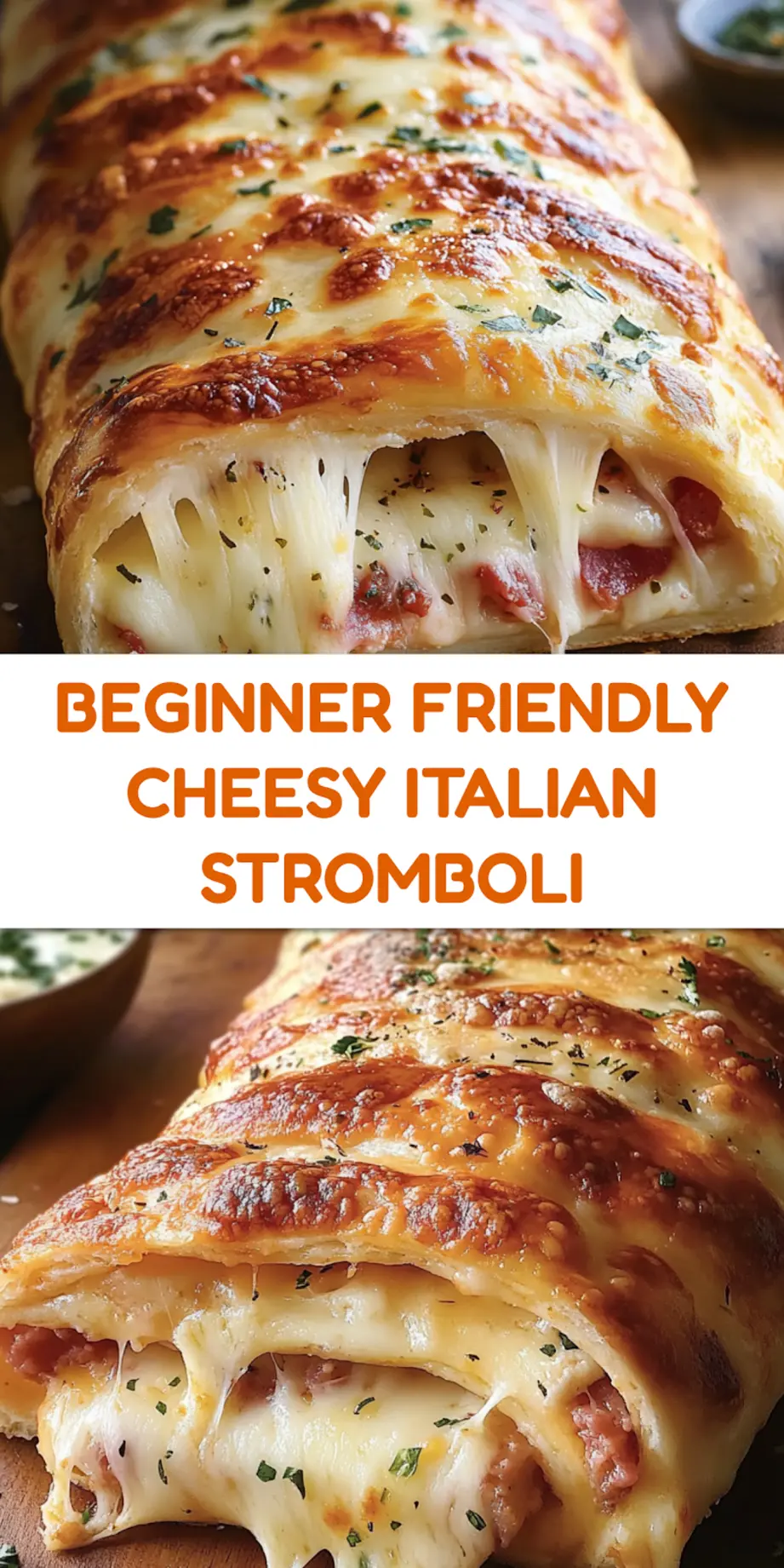 CHEESY ITALIAN STROMBOLI centered hero view, clean and uncluttered