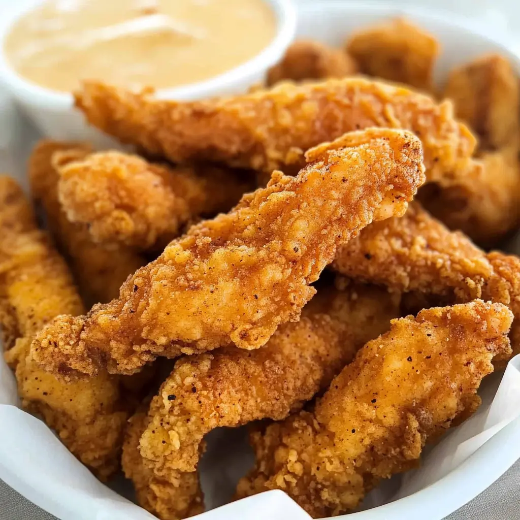 Golden crispy Chick Fil A style chicken tenders on a white plate