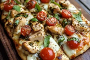 CHICKEN CAPRESE FLATBREAD centered hero view, clean and uncluttered