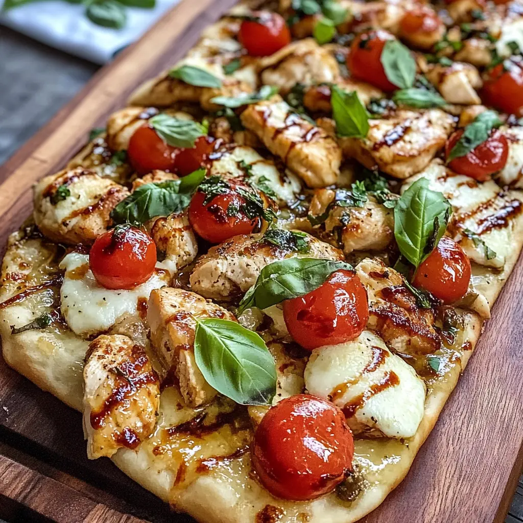 Easy Chicken Caprese Flatbread Recipe You Must Try 3 CHICKEN CAPRESE FLATBREAD centered hero view, clean and uncluttered