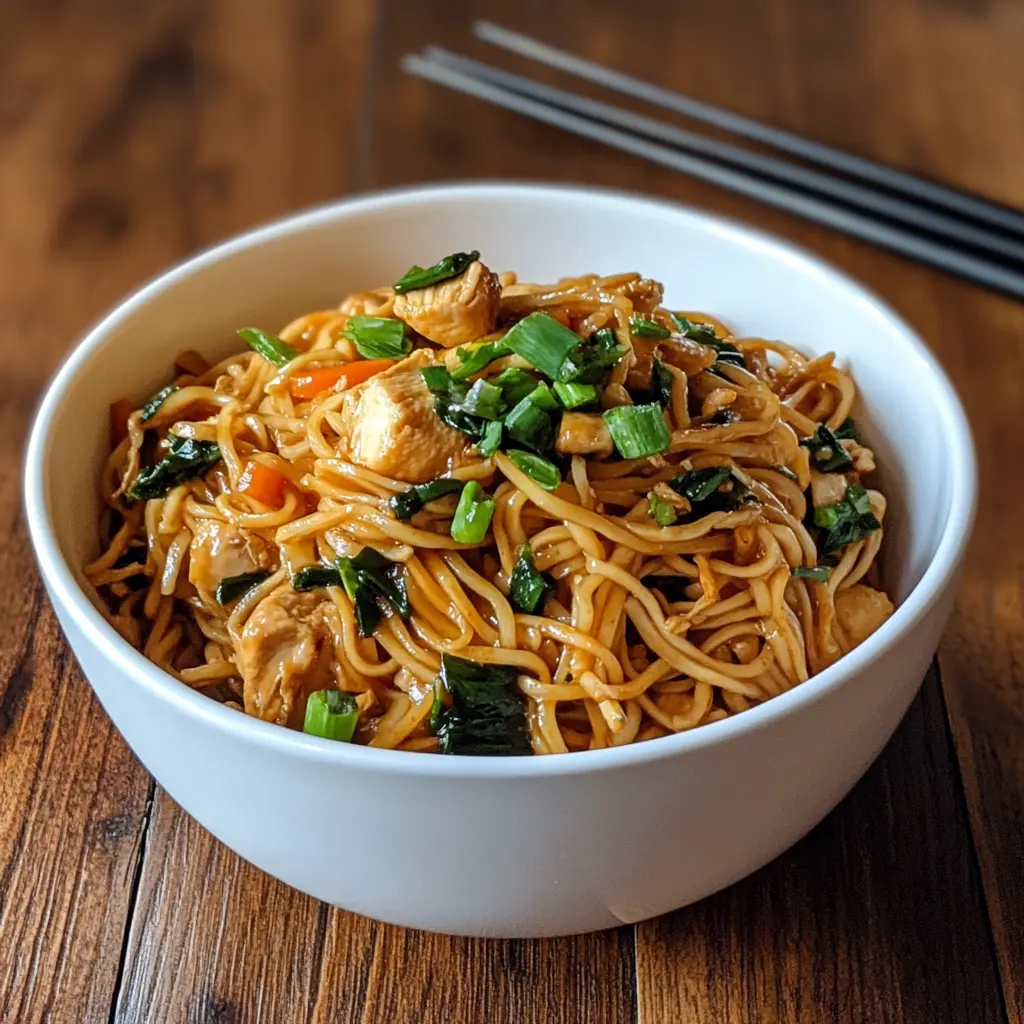 Chicken chow mein with tender chicken, vegetables, and noodles in a savory sauce