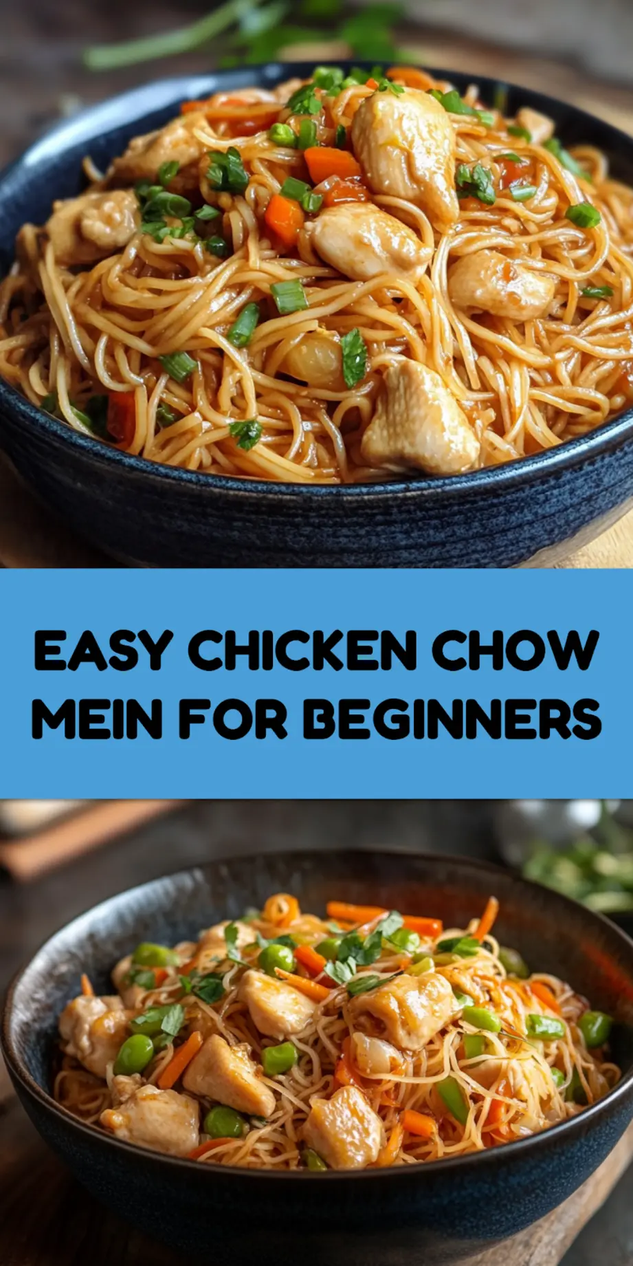 Chicken chow mein recipe with noodles, chicken, and fresh vegetables