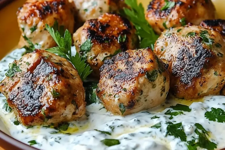 CHICKEN KOFTA GARLIC YOGURT SAUCE centered hero view, clean and uncluttered