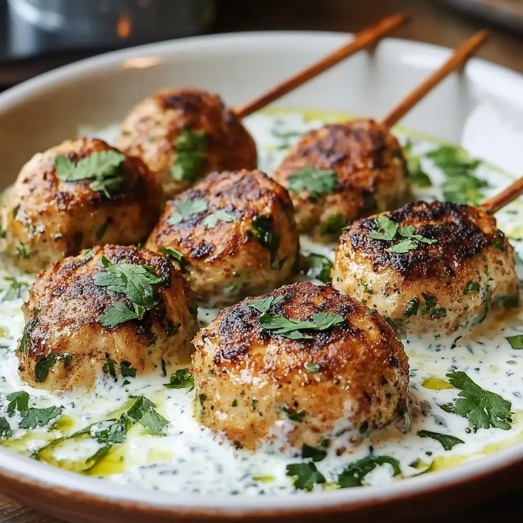 Chicken kofta with garlic yogurt sauce on a clean white plate