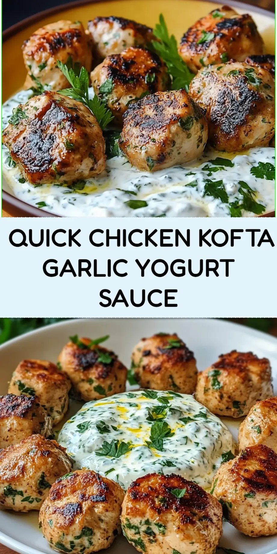 Chicken kofta with garlic yogurt sauce Pinterest pin image