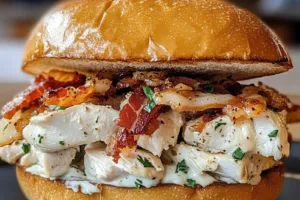 Best Chopped Chicken Bacon Ranch Sandwich Recipe Ever CHOPPED CHICKEN BACON RANCH SANDWICH centered hero view, clean and uncluttered