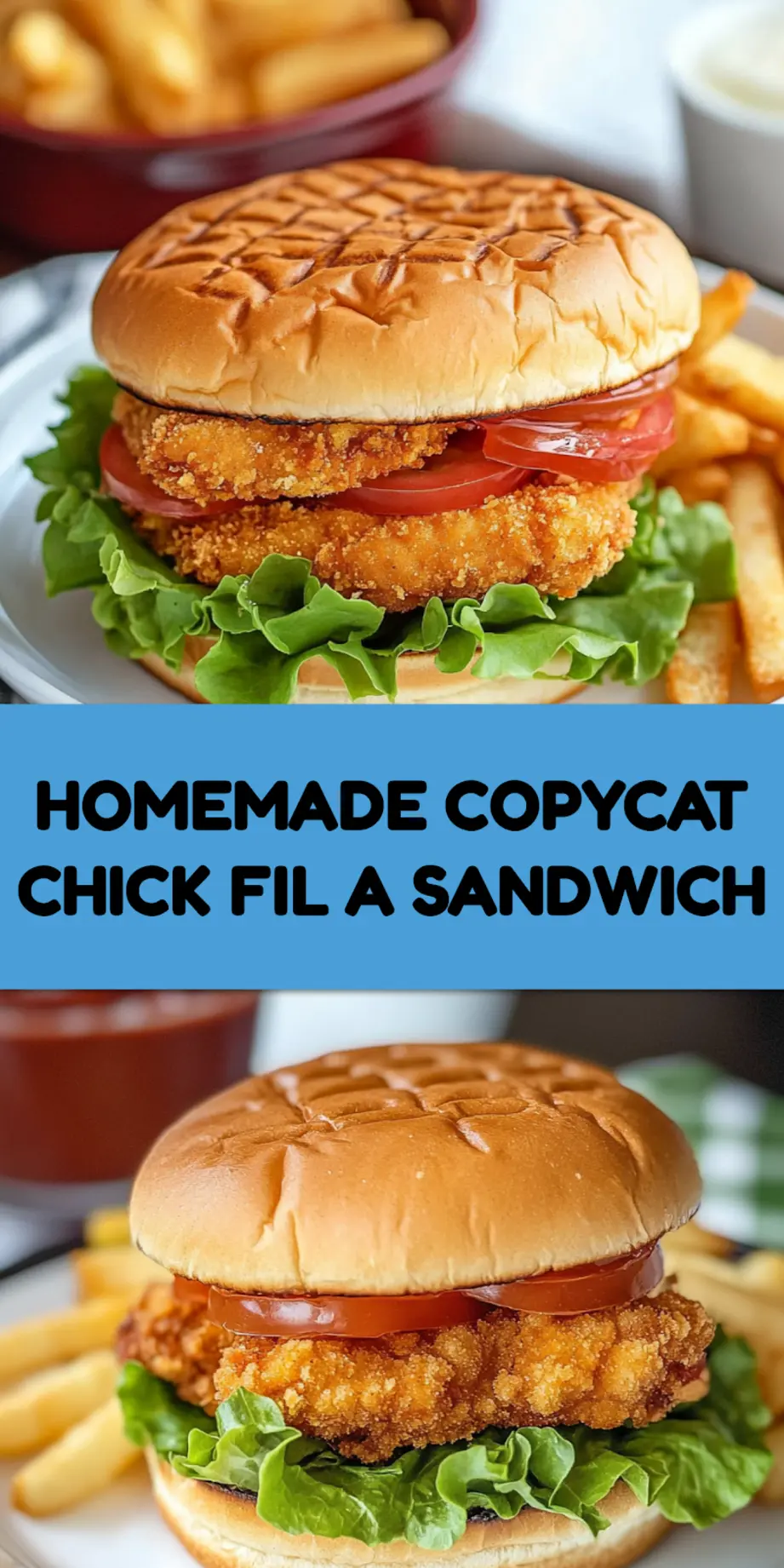 Copycat Chick-fil-A sandwich pin image with golden fried chicken and pickles