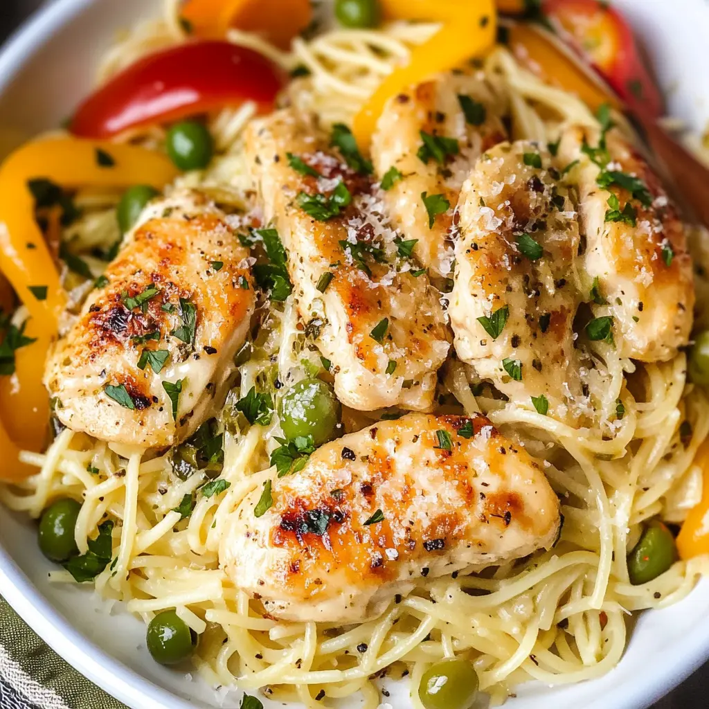 Copycat Olive Garden Chicken Scampi with tender chicken, bell peppers, and angel hair pasta in lemon butter wine sauce