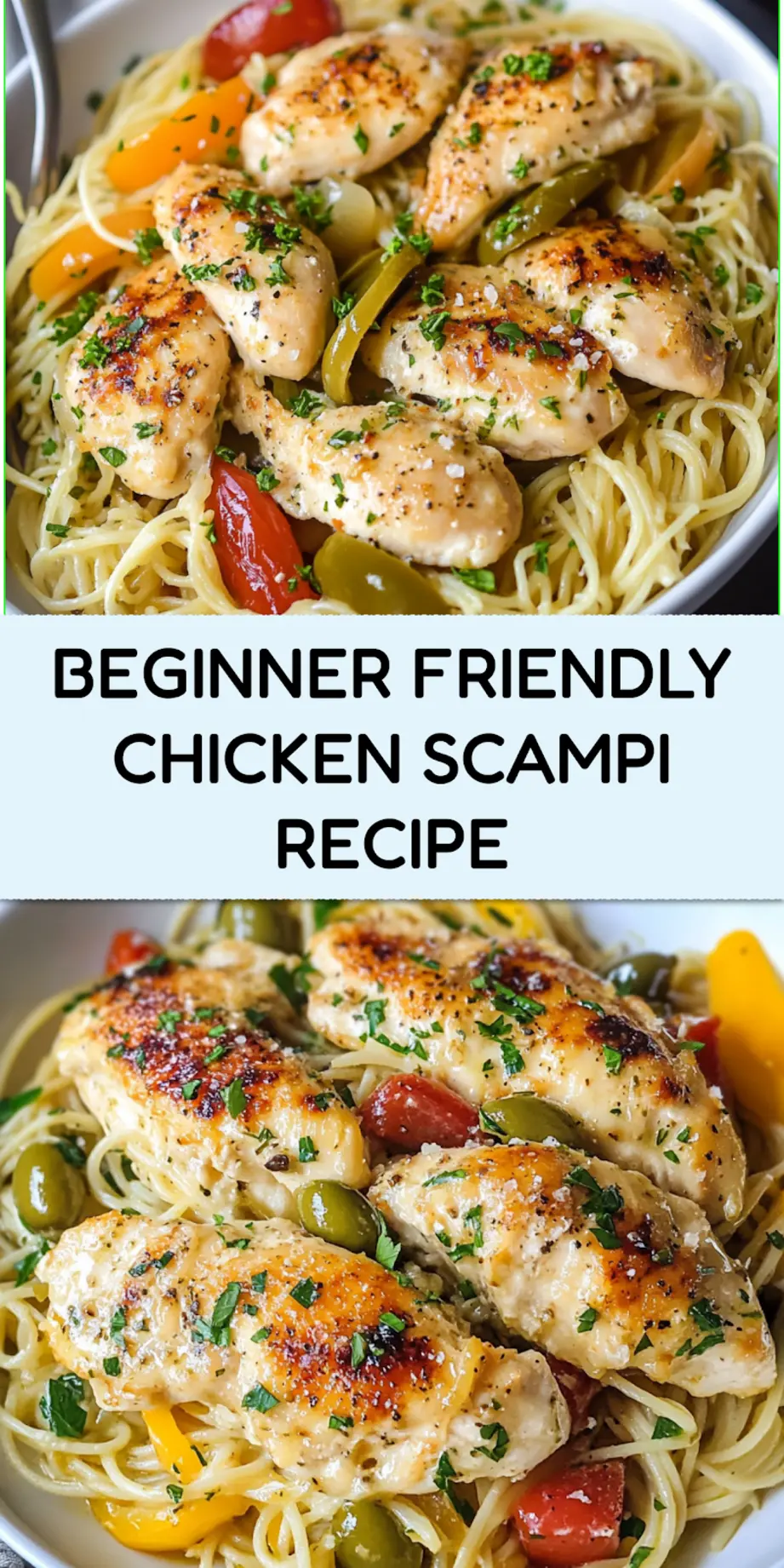 Copycat Olive Garden Chicken Scampi pin image with tender chicken and colorful bell peppers over angel hair pasta