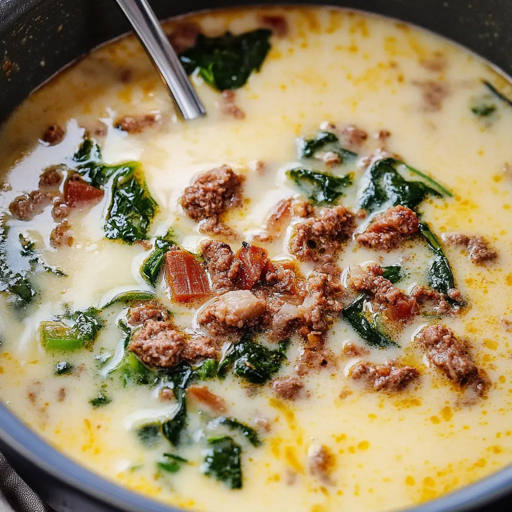 Copycat Zuppa Toscana soup in a bowl with kale, potatoes, and crispy bacon