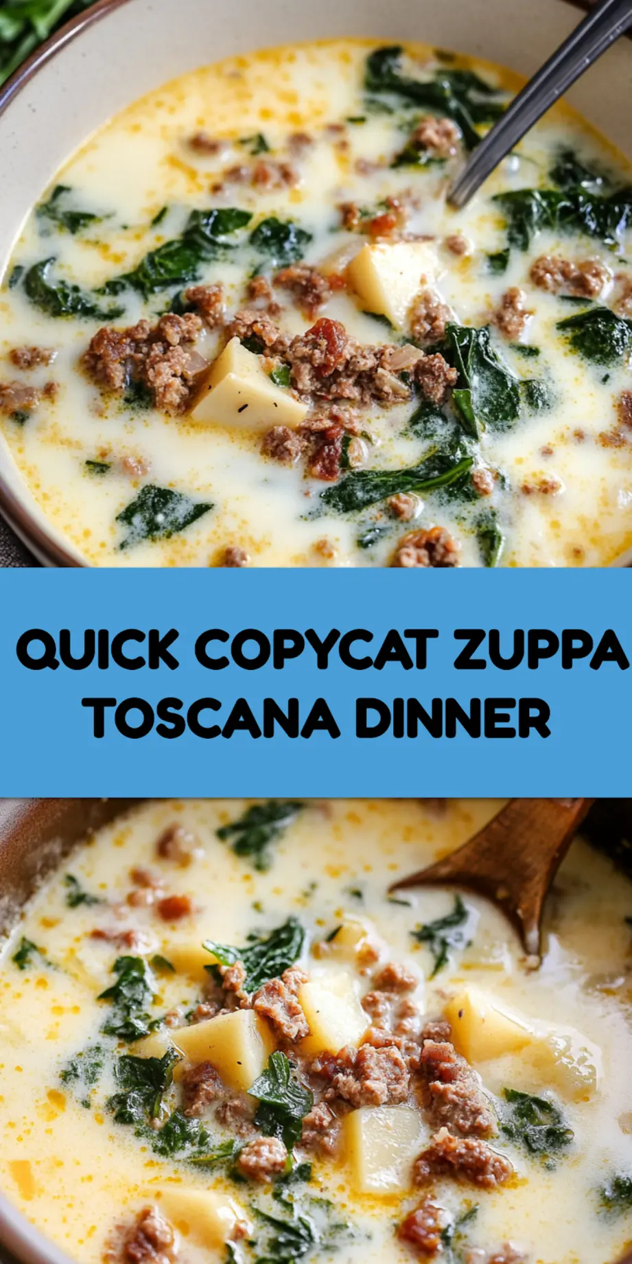 Copycat Zuppa Toscana soup with potatoes, kale, and bacon ready to serve