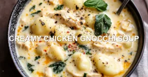 CREAMY CHICKEN GNOCCHI SOUP centered hero view, clean and uncluttered