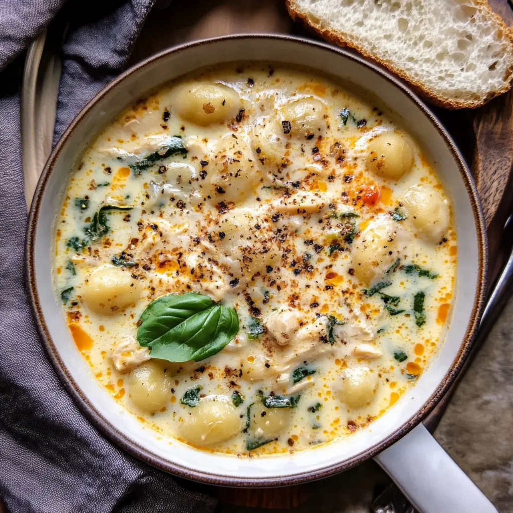 Creamy chicken gnocchi soup in a rustic bowl, garnished with parmesan and fresh herbs