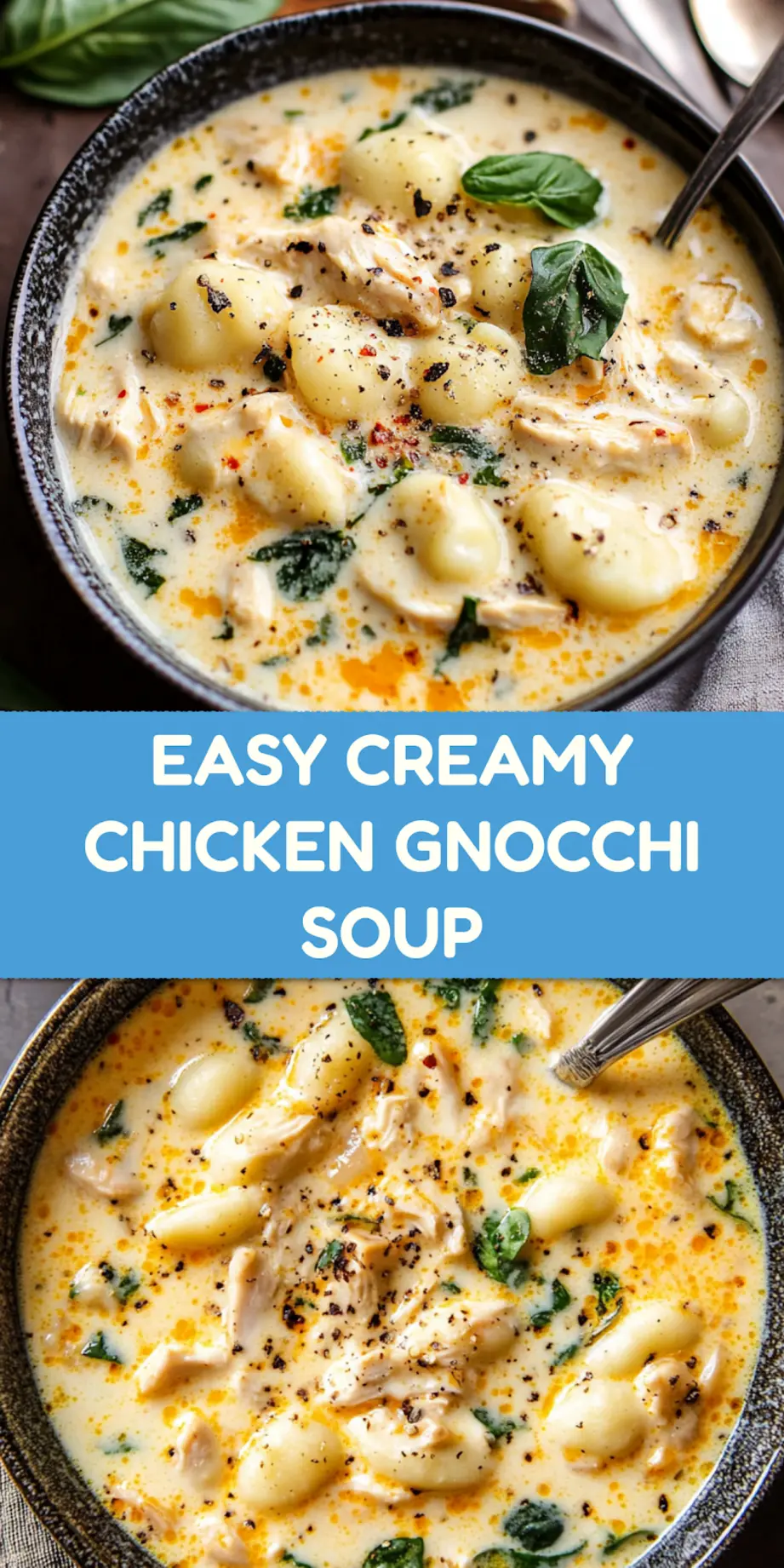 Creamy chicken gnocchi soup styled for Pinterest with cozy background and garnishes