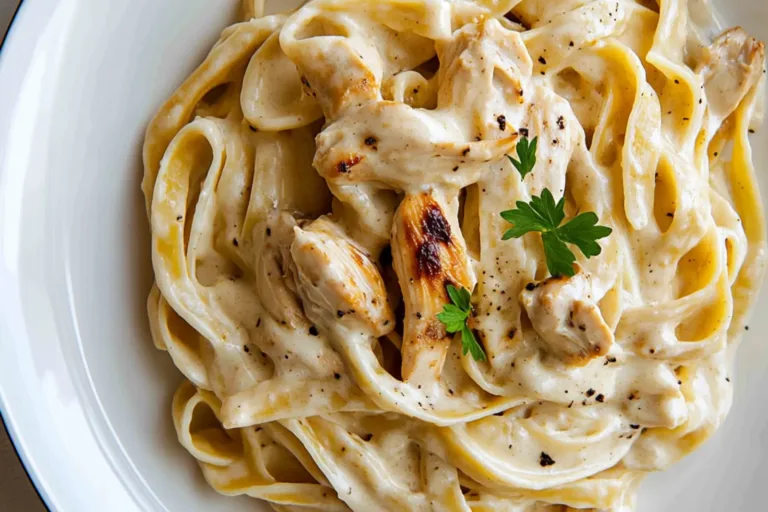 CREAMY CHICKEN PASTA centered hero view, clean and uncluttered