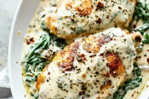 CREAMY SPINACH CHICKEN centered hero view, clean and uncluttered